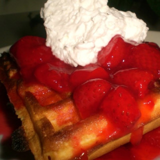 Cinnamon Oat Waffles with Strawberry Sauce and Whipped Cream