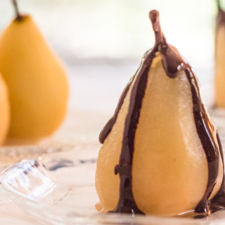 Cinnamon Poached Pears with Dairy-free Chocolate Sauce