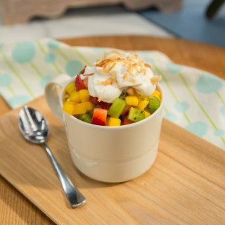 Coconut Mug Cake with Coconut Whipped Cream and Tropical Fruit