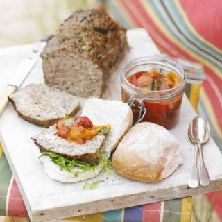 Cold meatloaf with squashed tomato and pepper salsa