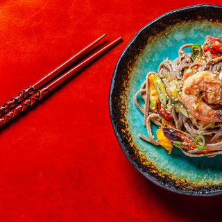 Cold Soba Noodle Salad with Shrimp, Mango and Tomato