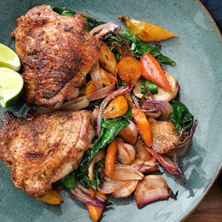 Coriander Chicken Thighs with Miso-Glazed Root Vegetables