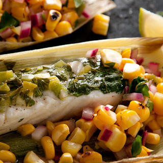 Corn-Husk-Wrapped Grilled Halibut with Charred Corn Salsa Recipe