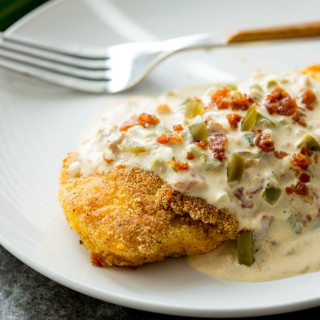 Cornbread Crusted Chicken with Bacon Jalapeno Popper Sauce