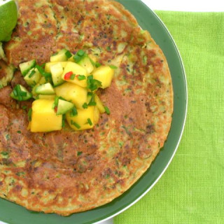 Courgette Chickpea Pancakes with Mango Cucumber Chutney