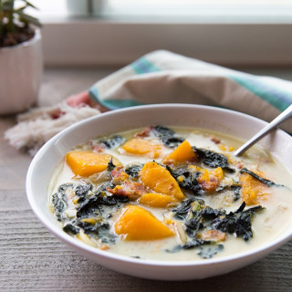 Creamy Diary-Free Kale Bacon and Butternut Squash Soup