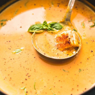 Creamy Pumpkin Soup with Grilled Cheese Croutons