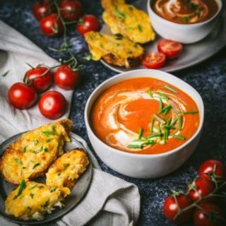 Creamy Tomato Soup with Roasted Garlic Cheesy Toast