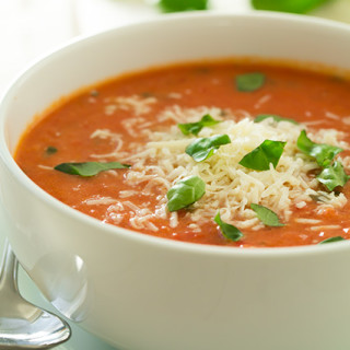 Creamy Tomato Basil Soup with Roasted Garlic and Asiago Cheese