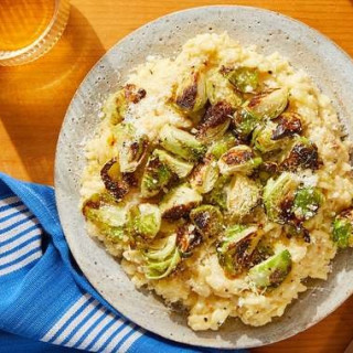 Crispy Brussels Sprout &amp; Saffron Risotto with Parmesan &amp; Goat Chees