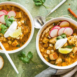 Crispy Tempeh Posole with Lime, Radishes & Sour Cream