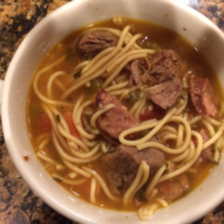 Cubed beef and chicken sausage soup