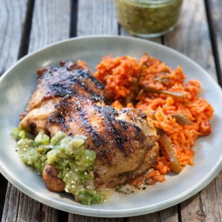 Cumin-Crusted Chicken Thighs with Grilled Tomatillo Salsa