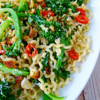 Curly Long Spaghetti with Broccolini, Chilli and Homemade Breadcrumbs