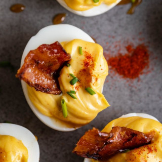 Dijon Deviled Eggs with Maple Candied Bacon
