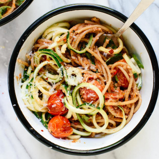 Double Tomato Pesto Spaghetti with Zucchini Noodles