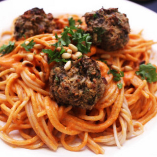 Eggplant Meatballs with Roasted Red Pepper Tahini Pasta