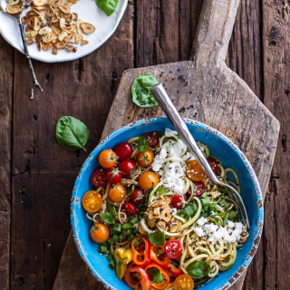 Farmers Market Sesame Miso Noodle Bowls with Garlic Chips.