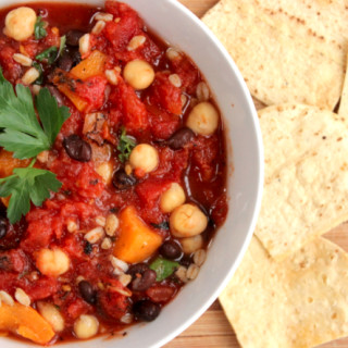 Farro, Bean and Vegetable Soup with Microwave Tortilla Chips