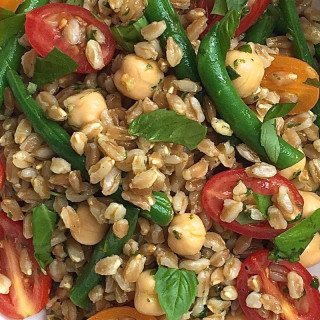 Farro Salad with Tomatoes, Green Beans, and Chickpeas with Basil Vinaigrett