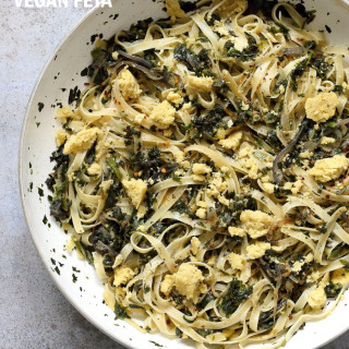 Fettuccine with Caramelized Onions, Greens and Vegan Feta