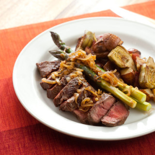 Flat Iron Steaks with Artichoke-Potato Hash,Purple Asparagus and Caramelize