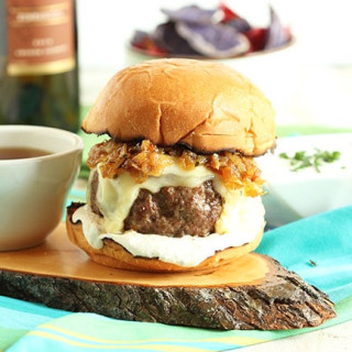 French Dip Burger with Havarti, Swiss and Bourbon Fried Onions
