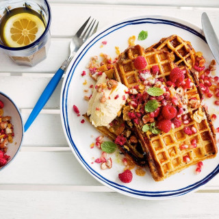 French toast waffles with berry brekkie crunch