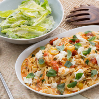 Fresh Fettuccine Pastawith Summer Tomato Sauce and Caesar-Style Salad