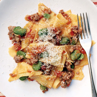 Fresh Pasta with Favas, Tomatoes, and Sausage