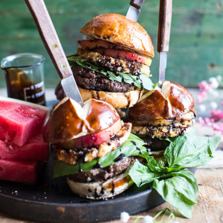 Fried Mozzarella and Caramelized Peach Caprese Burger with Balsamic Drizzle