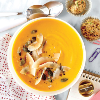 Gingered Sweet Potato Soup with Toasted Coconut and Pumpkinseeds