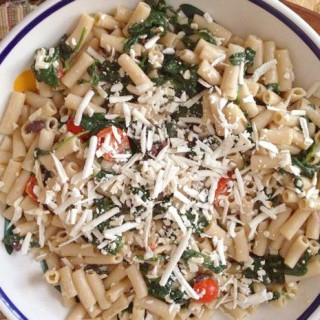 Gluten-Free Pasta with Ricotta Salata, Garlicky Spinach, Tomatoes and Olive