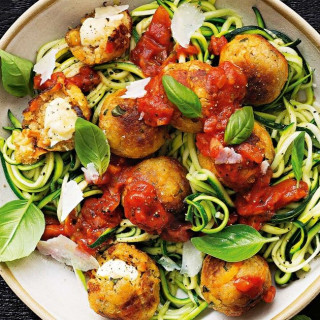 Golden cheesy quinoa balls with zoodles