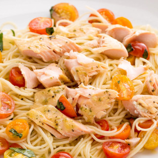Gorton's Simply Bake Salmon over Garlicky Angel Hair and Cherry Tomatoes