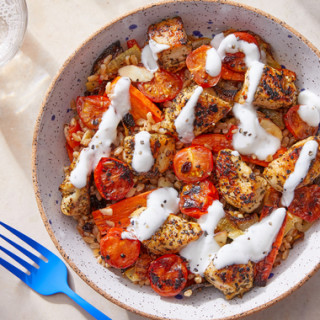 Greek-Style Chicken &amp; Farro with Roasted Vegetables &amp; Lemon-Yogurt 