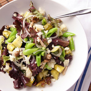 Green Salad with Pickled Mushrooms, Cucumbers, Onions, and Pecorino