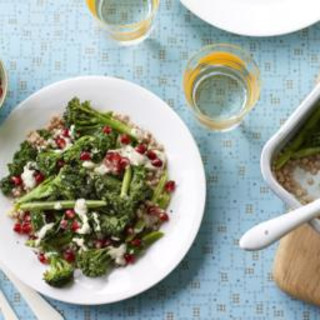 Greens with giant couscous and tahini