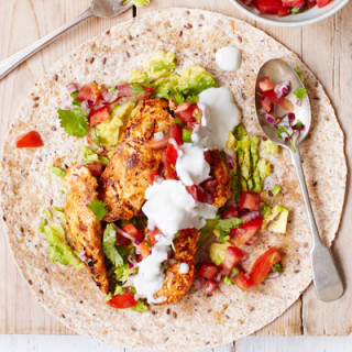 Griddled chicken fajitas with squashed avocado