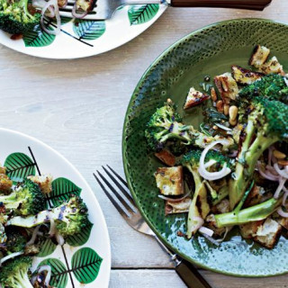 Grilled Broccoli and Bread Salad with Pickled Shallots