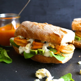 Grilled Buffalo Shrimp and Avocado Sandwiches with Blue Cheese Sauce
