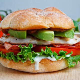 Grilled Chicken and Club Sandwich with Avocado and Chipotle Caramelized Oni