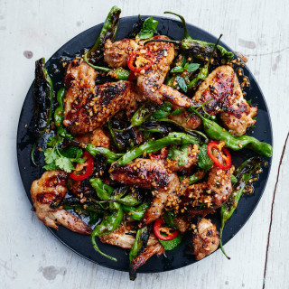 Grilled Chicken Wings with Shishito Peppers and Herbs