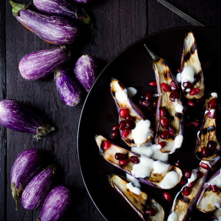 Grilled Fairytale Eggplant with Garlic Yogurt Sauce and Pomegranate