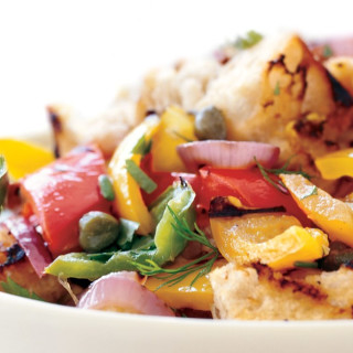 Grilled Panzanella Salad with Bell Peppers, Summer Squash, and Tomatoes