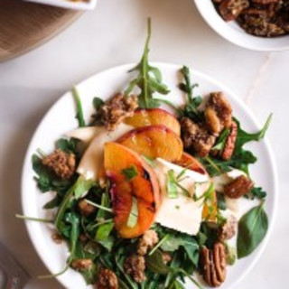 Grilled Peach Brie and Basil Salad with Simple Balsamic Dressing