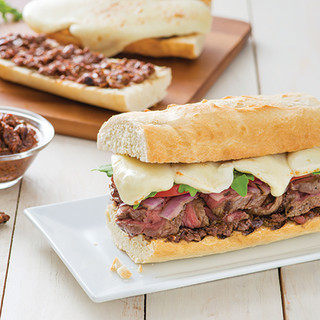 Grilled Pepper Steak and Mozzarella on Baguette