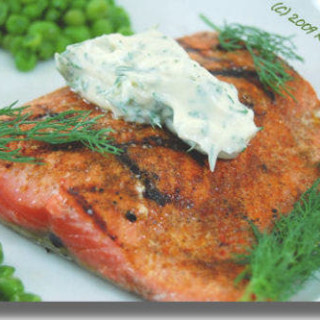 Grilled Salmon On Peas With Mint Mayonnaise