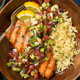 Grilled Salmon with Avocado Greek Salsa and Orzo
