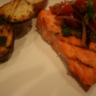 Grilled Salmon with Yukon Golds and Tomato-Red Onion Relish
